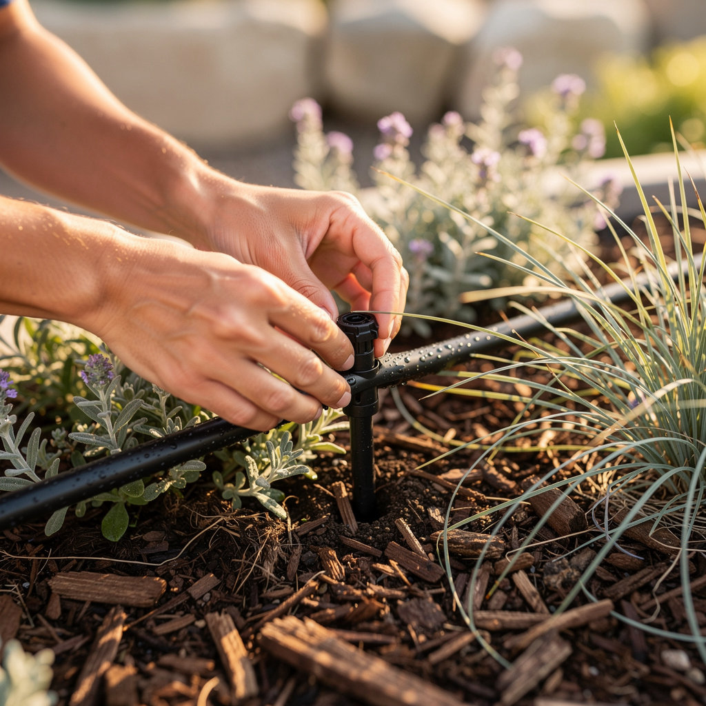 Surf and Turf Landscapes water-efficient drip irrigation system installation in a San Diego garden